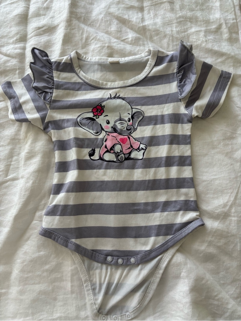 Striped Gray & White Elephant Print Baby One-Piece